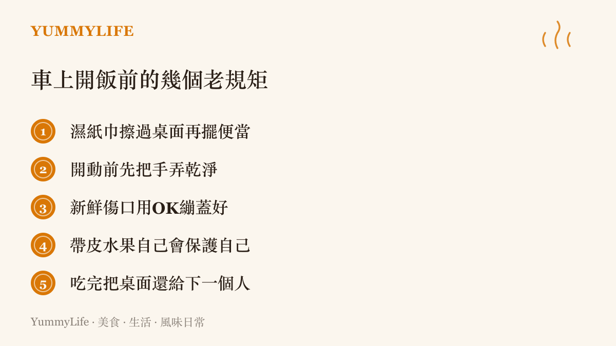 清單列出高鐵上開飯前的衛生習慣：擦拭桌面、清潔雙手、覆蓋傷口、選帶皮水果，以及收拾乾淨留給下一位乘客