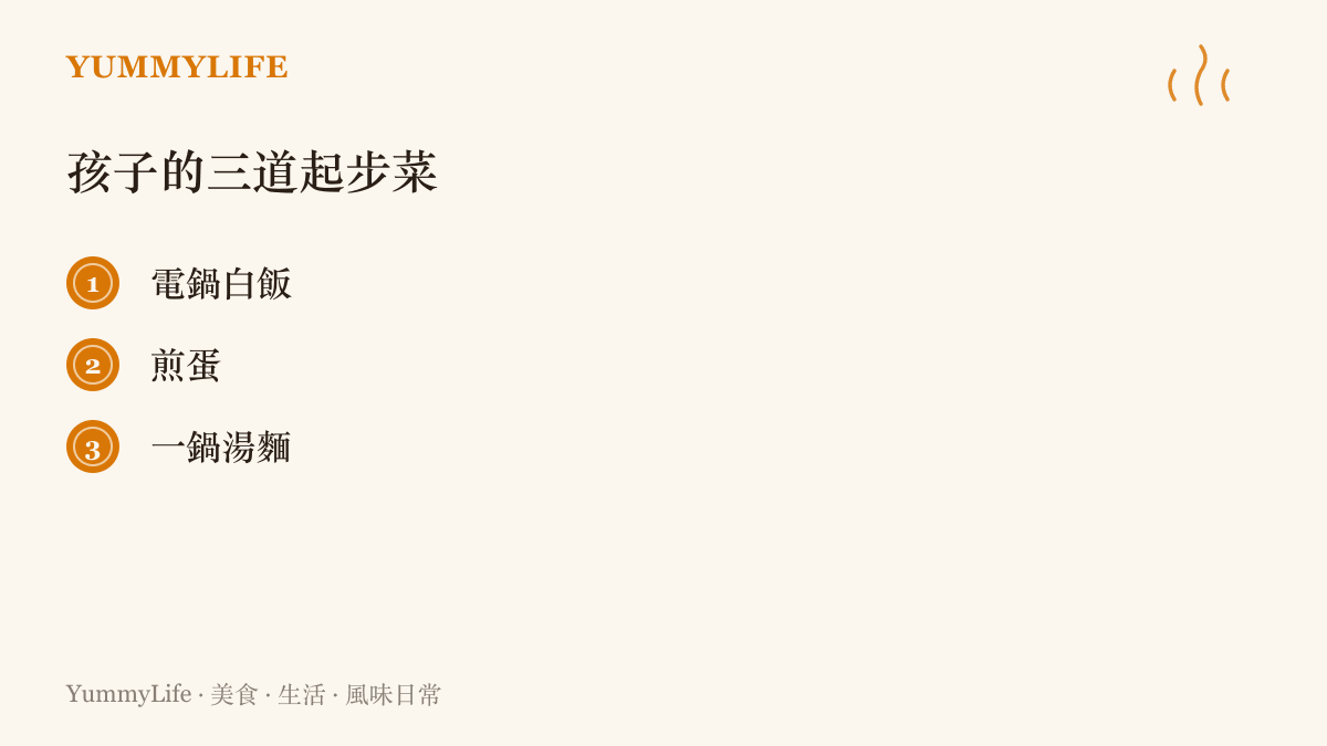 清單列出三道適合教給孩子的起步料理：電鍋白飯、煎蛋與一鍋湯麵