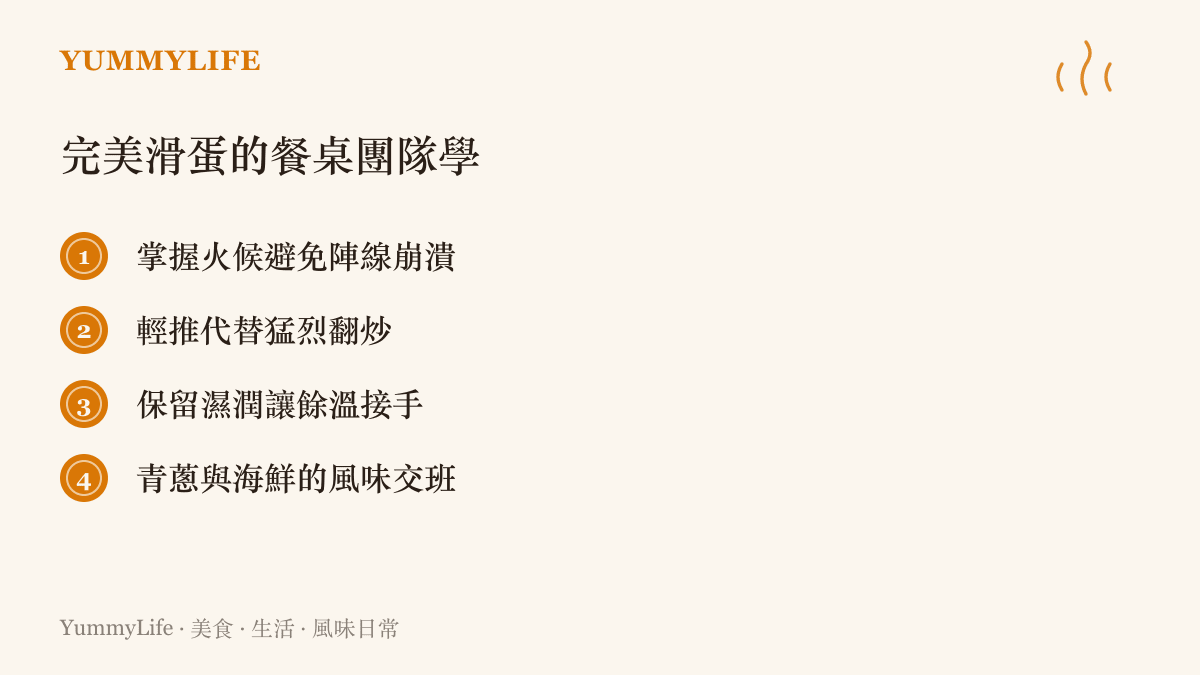 廚房裡的火候控制清單，詳細列出製作完美滑蛋的四個關鍵步驟與注意事項