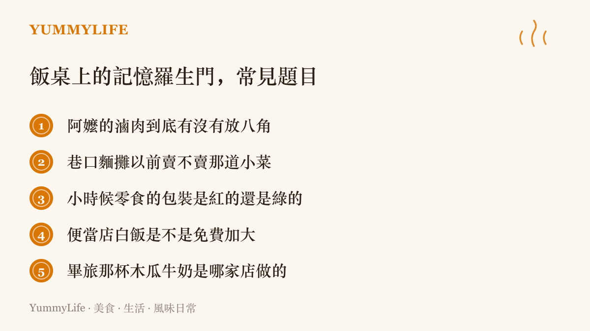 清單圖卡列出臺灣餐桌上常見的味覺記憶爭議題目，從阿嬤滷肉的香料、麵攤舊品項到零食包裝顏色共五項