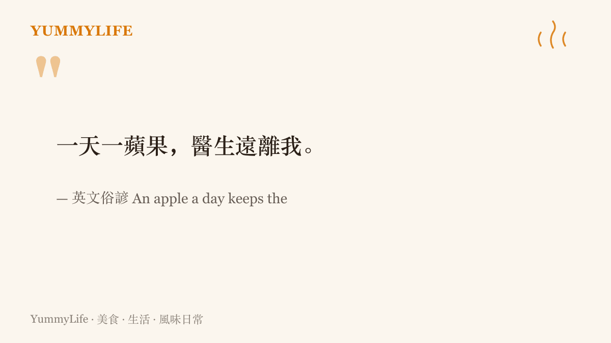 圖卡引用英文俗諺一天一蘋果醫生遠離我，點出蘋果在人類日常飲食裡的老資歷