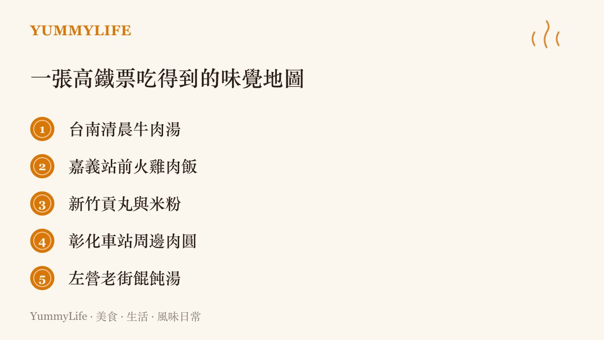 清單圖卡列出臺灣高鐵沿線五種代表味道，包含臺南清晨牛肉湯、嘉義火雞肉飯、新竹貢丸米粉、彰化肉圓與左營老街餛飩湯