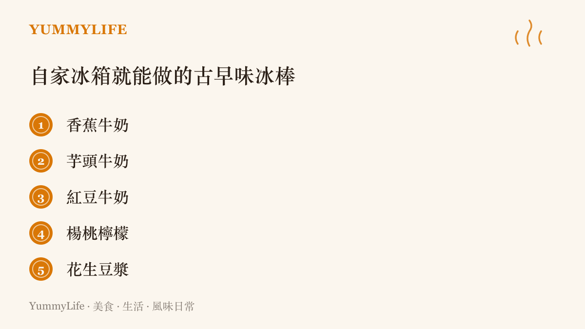 清單圖卡列出五種在家就能自製的古早味冰棒口味，包括香蕉牛奶、芋頭牛奶、紅豆牛奶、楊桃檸檬與花生豆漿