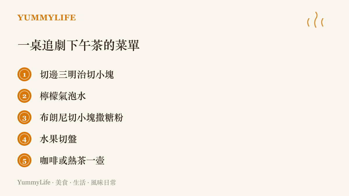 圖卡列出一桌在家重現偶像劇場景的下午茶菜單，包含切邊三明治、檸檬氣泡水、布朗尼、水果切盤與一壺咖啡熱茶