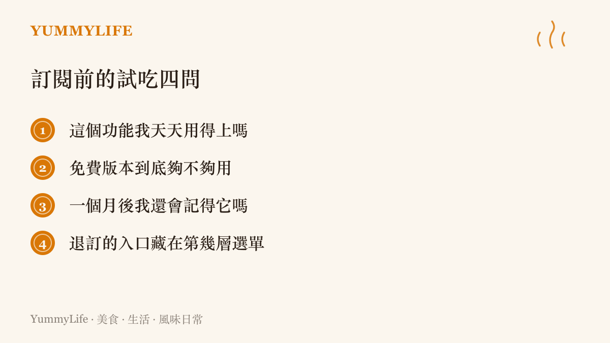 清單圖卡列出手機訂閱任何月費服務前可以先自問的四個問題，涵蓋使用頻率、免費額度、記憶點與退訂難度