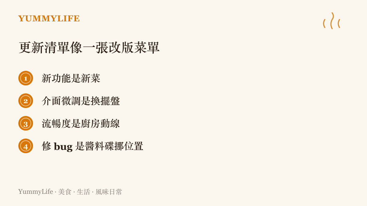 清單圖卡把 iOS 更新說明分成四種菜：新功能對應新菜、介面調整對應換擺盤、流暢度對應廚房動線、修 bug 對應把醬料碟挪到順手的位置