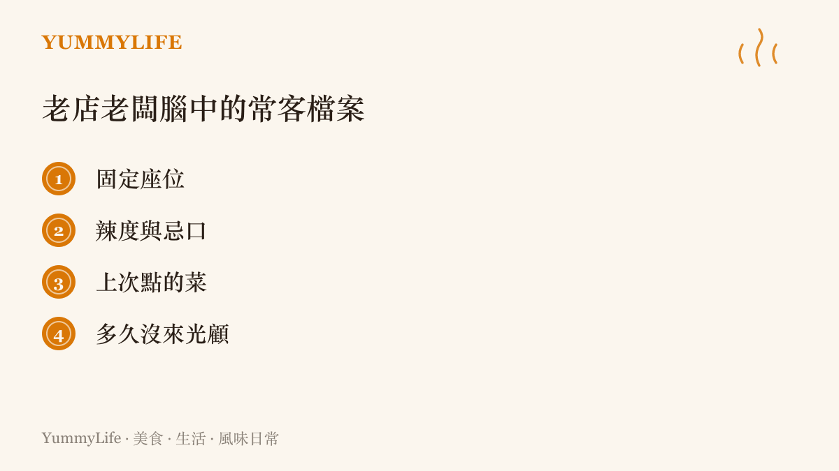 清單列出老店老闆腦中會記住的常客細節：固定座位、辣度與忌口、上次點的菜、多久沒來光顧