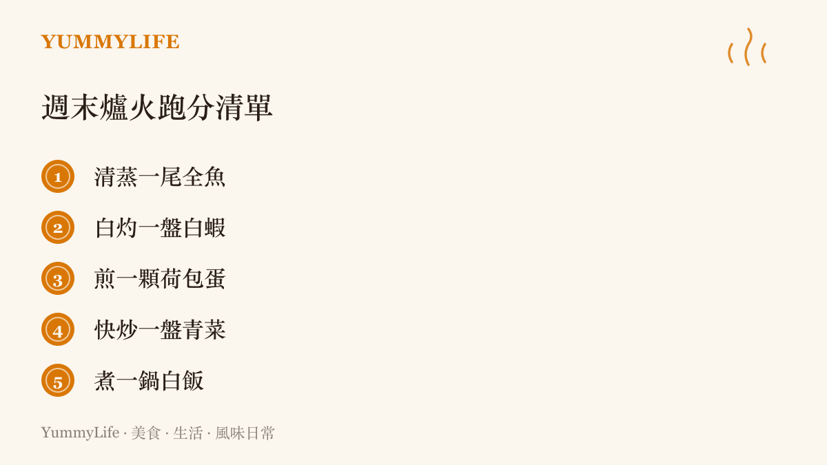 週末爐火跑分清單列出清蒸全魚、白灼白蝦、煎荷包蛋、快炒青菜與煮一鍋白飯五項練習