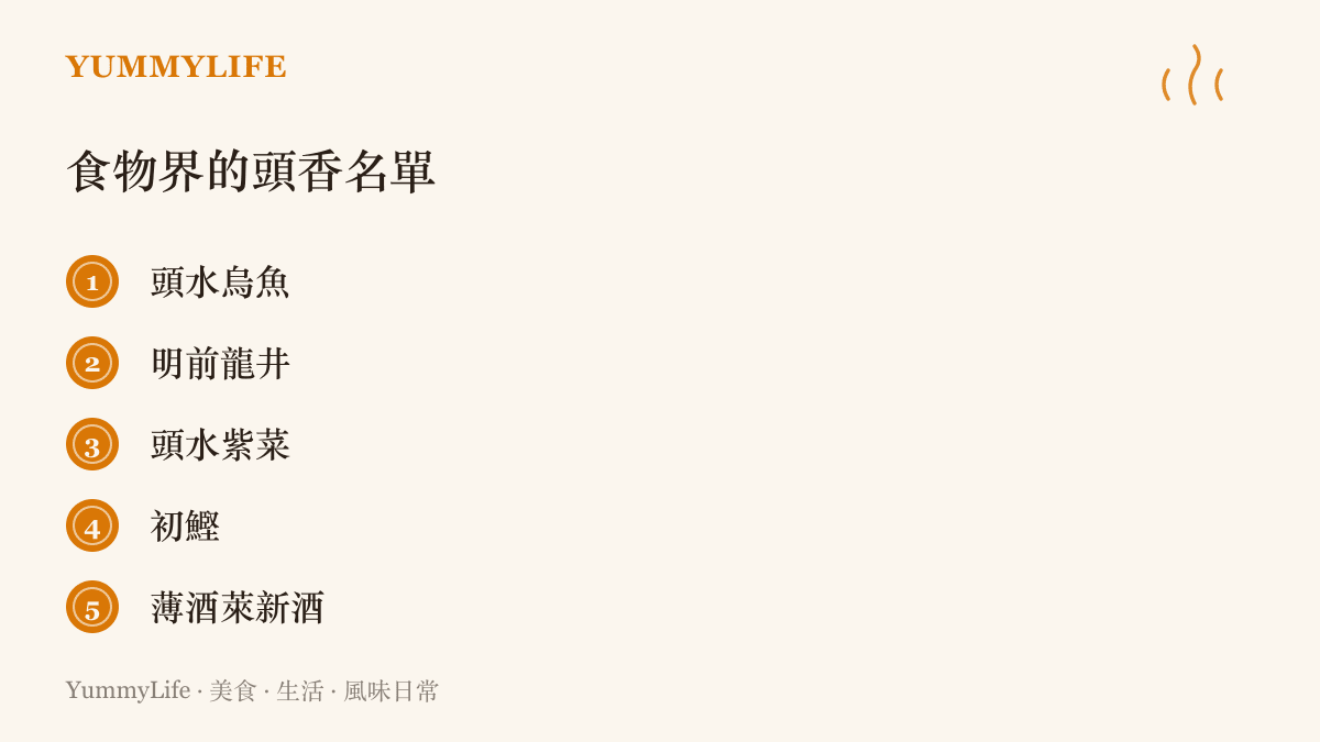 圖中列出食物界五種以第一批著稱的頭香：頭水烏魚、明前龍井、頭水紫菜、初鰹、薄酒萊新酒