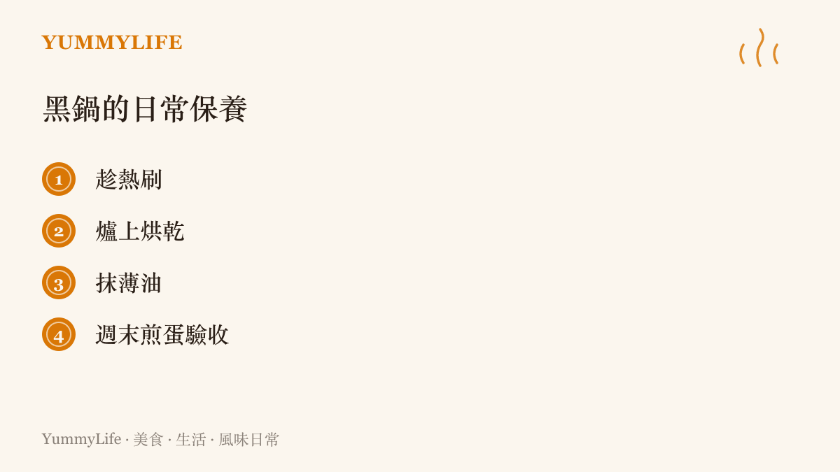 清單圖卡列出黑鍋日常保養的四個動作，包括趁熱刷洗、爐上烘乾水氣、抹薄油保護，以及用煎蛋驗收鍋面進度