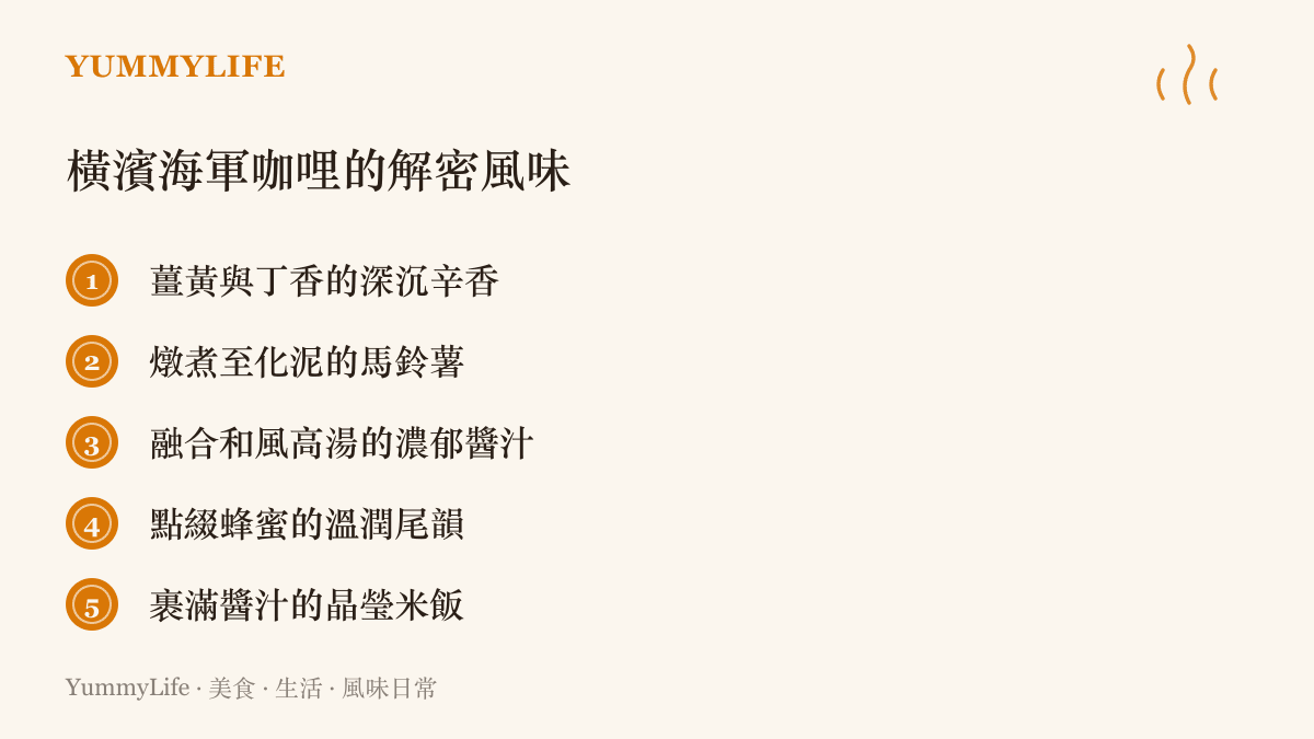 一張列舉日本海軍咖哩特色風味的清單，包含薑黃辛香、燉煮馬鈴薯、和風高湯、蜂蜜尾韻與晶瑩米飯等項目