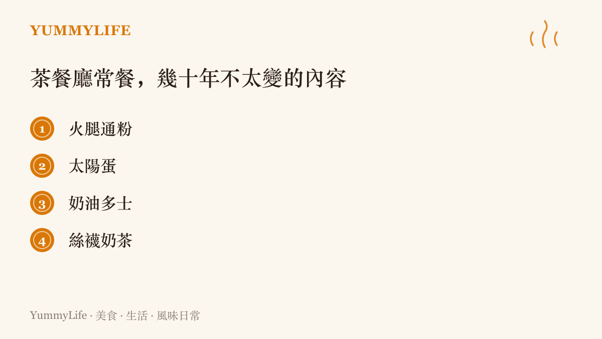 清單列出港式茶餐廳常餐的固定組合：火腿通粉、太陽蛋、奶油多士與絲襪奶茶