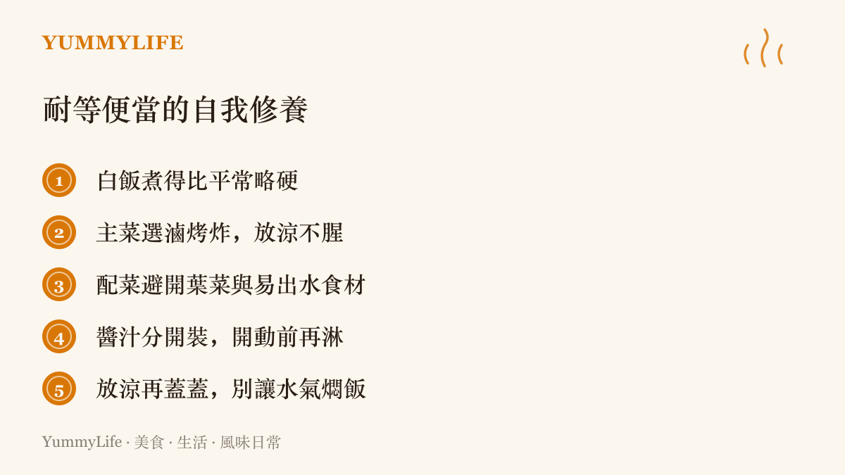 清單圖卡列出耐放便當的五項裝法原則，包括白飯煮略硬、主菜選滷烤炸、配菜避開葉菜與易出水食材、醬汁另外分裝，以及放涼後才蓋上蓋子