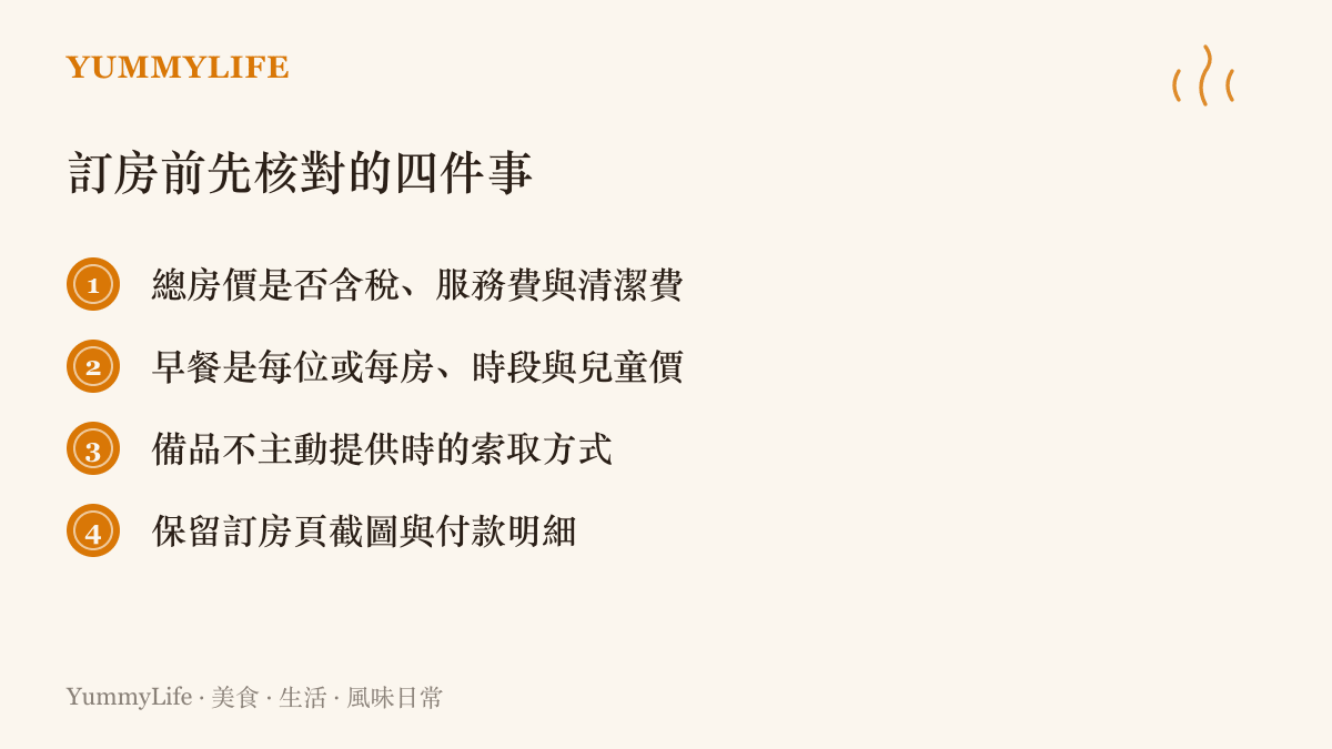訂房前的四項核對清單：總價細項、早餐計價方式、備品索取管道與訂房證據留存