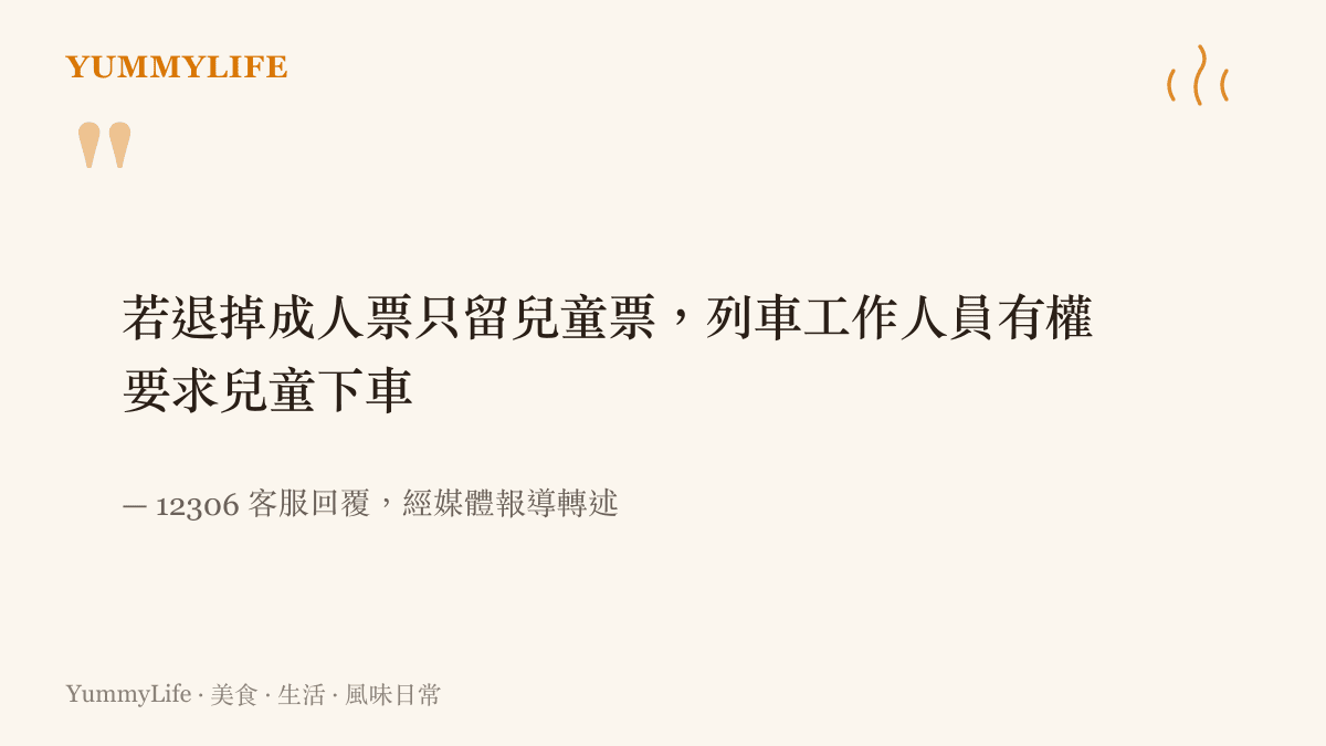 引言圖卡呈現12306的回覆內容：退掉成人票只留兒童票時，列車工作人員有權要求兒童下車