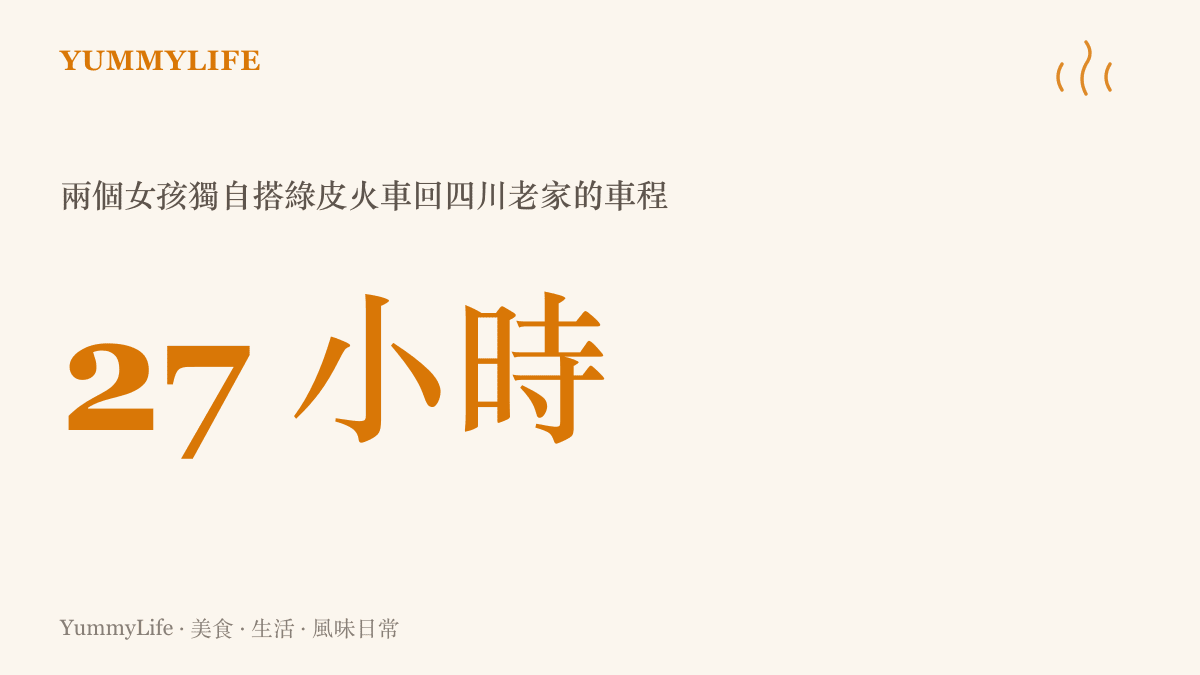 統計圖卡呈現兩個女孩獨自搭綠皮火車回四川老家的二十七小時車程，途中約需自理六到七餐