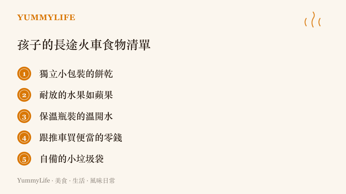 清單圖卡列出孩子的長途火車食物準備項目：獨立包裝餅乾、耐放水果、保溫瓶溫開水、買便當的零錢與自備垃圾袋