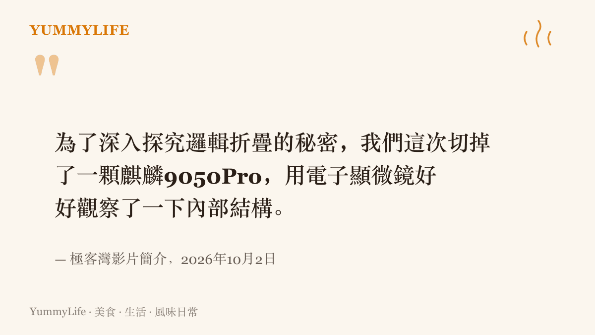 極客灣影片簡介寫明團隊為了探究邏輯折疊的祕密，切開一顆麒麟9050Pro晶片並用電子顯微鏡觀察內部結構