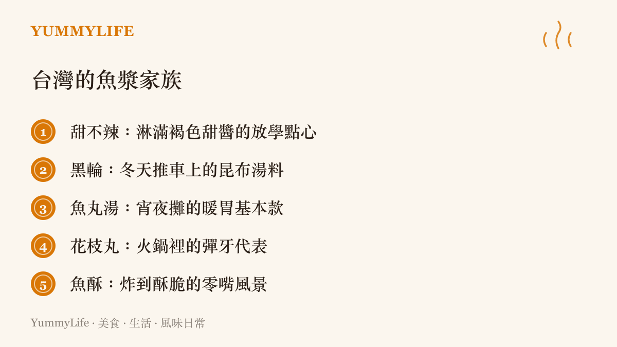 圖卡列出臺灣日常可見的五種魚漿製品：甜不辣、黑輪、魚丸湯、花枝丸與魚酥，分別對應放學點心、宵夜、火鍋與零嘴等不同場合