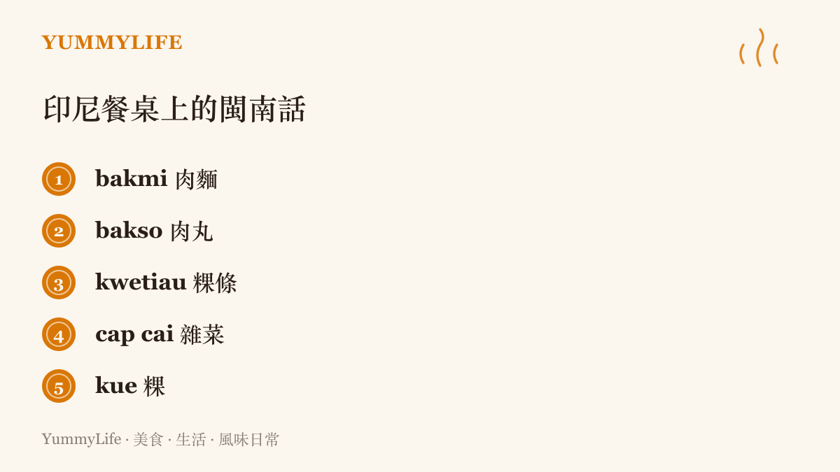 清單圖卡列出bakmi肉麵、bakso肉丸、kwetiau粿條、cap cai雜菜、kue粿五個源自閩南語的印尼日常食物名