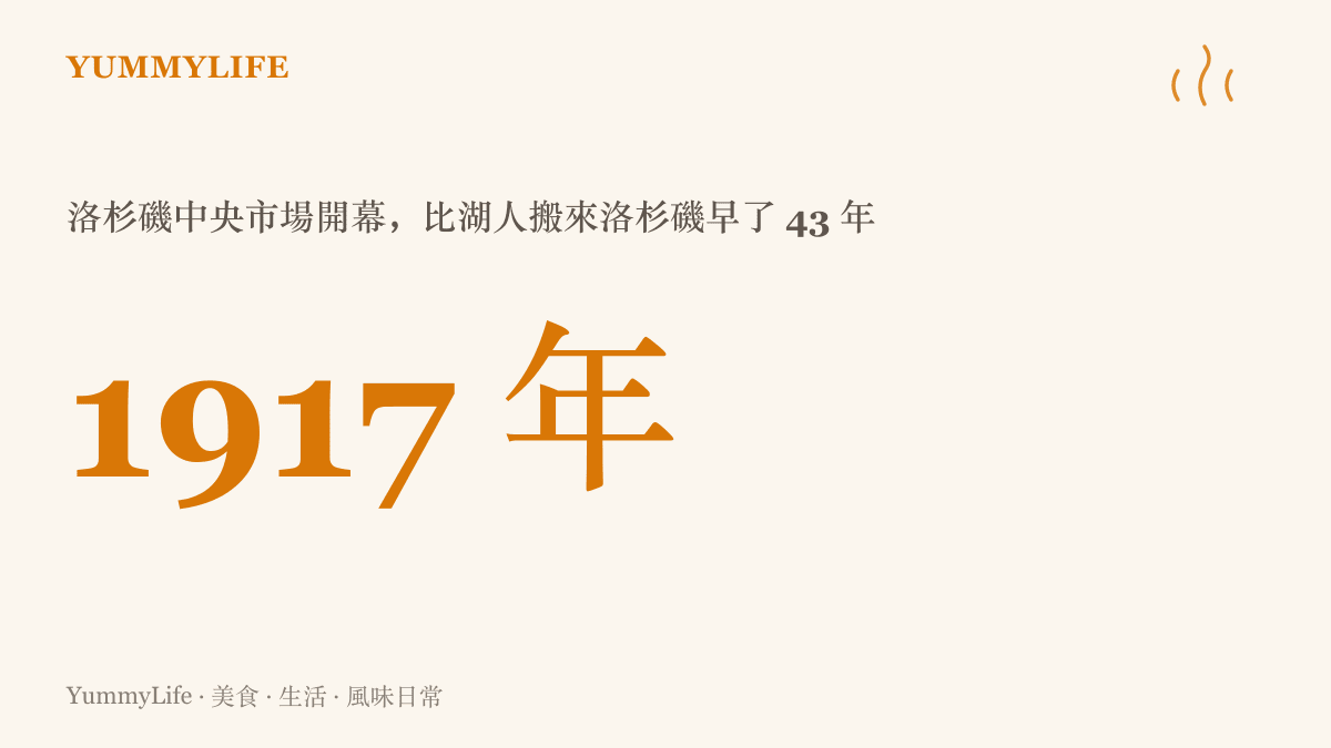 統計圖卡呈現洛杉磯中央市場自一九一七年開幕，比湖人隊於一九六○年搬至洛杉磯早了四十三年的時間差