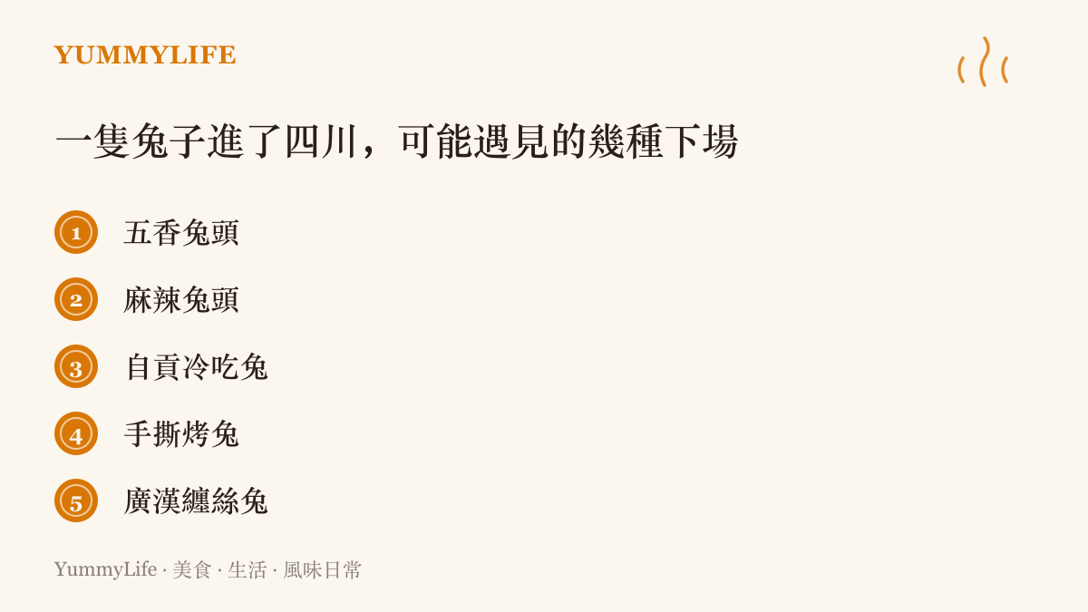 清單列出四川常見的兔肉料理，包括五香兔頭、麻辣兔頭、自貢冷喫兔、手撕烤兔與廣漢纏絲兔。