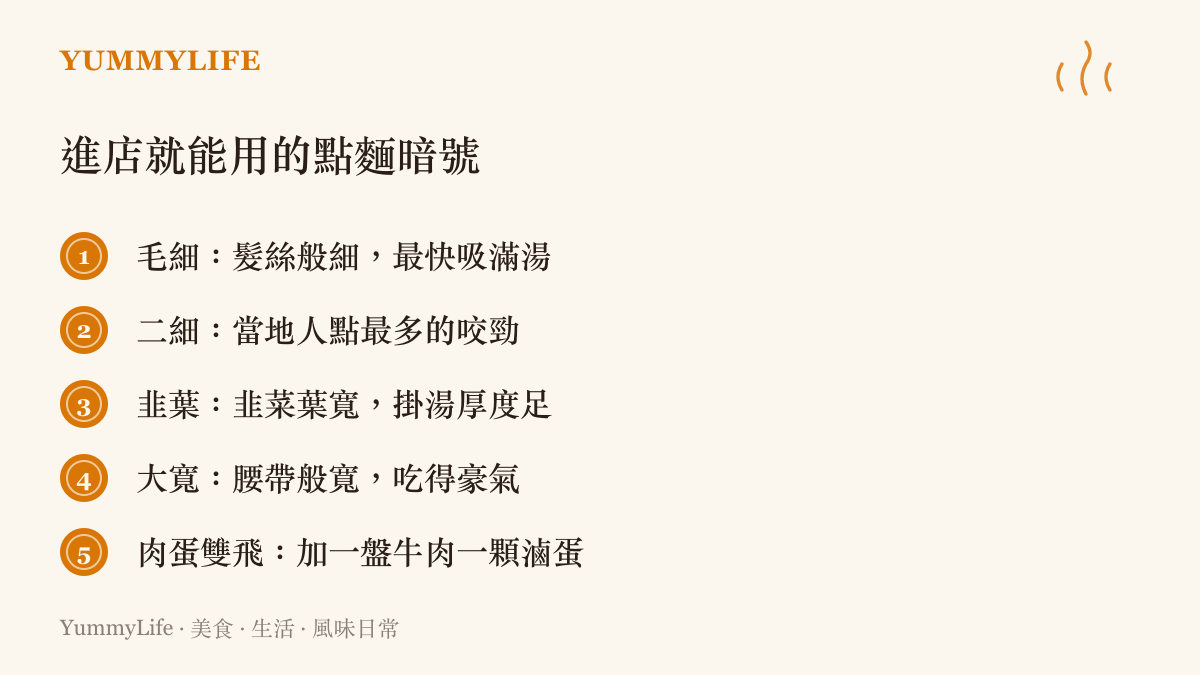 點麵粗細暗號一覽，從毛細、二細、韭葉到大寬各有口感，外加當地人加菜的行話肉蛋雙飛