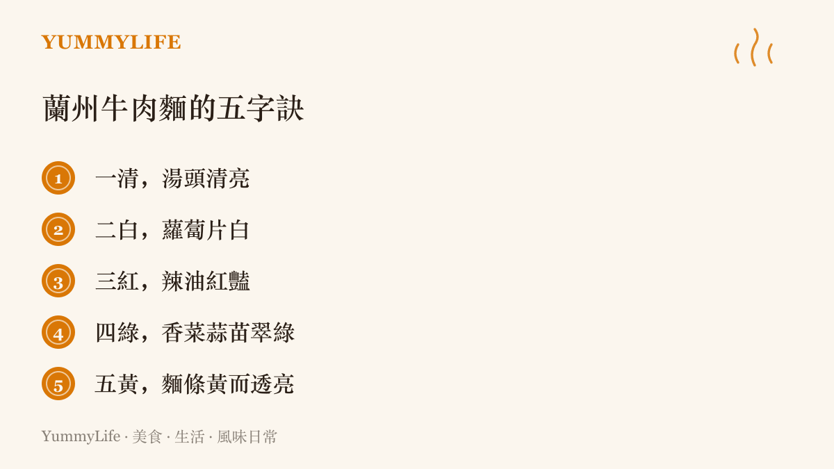 蘭州牛肉麵的一清二白三紅四綠五黃：清湯、白蘿蔔、紅辣油、綠色香菜蒜苗與黃亮麵條，五種顏色各有講究