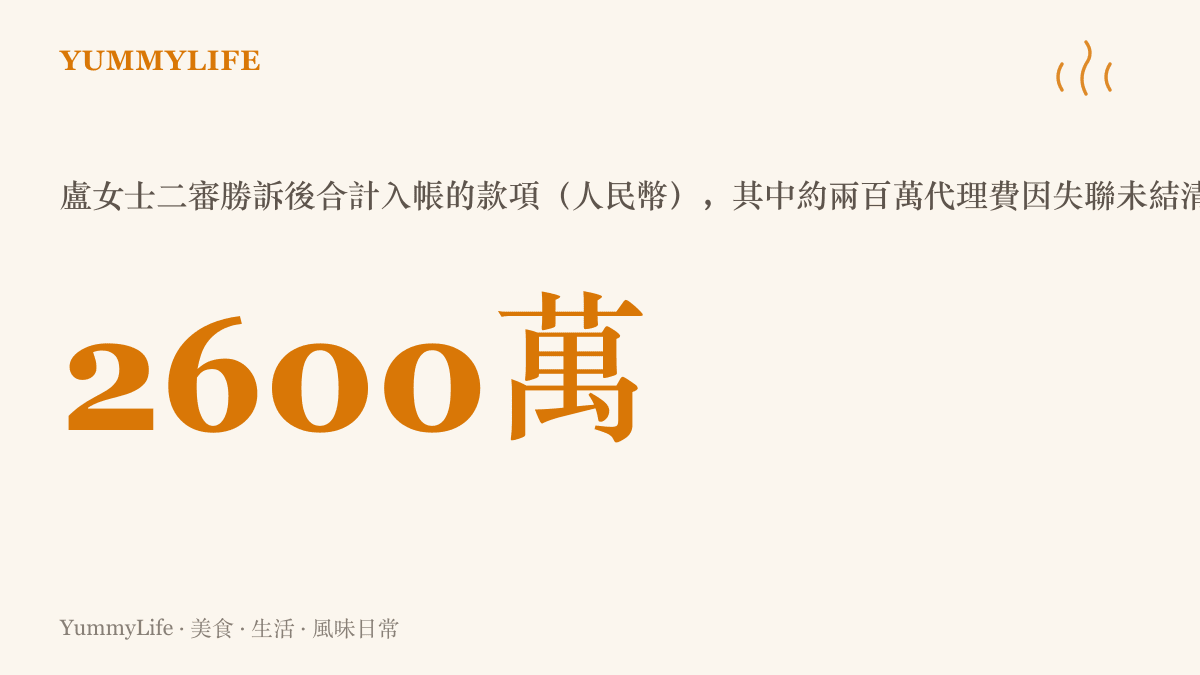 統計圖卡呈現盧女士二審逆轉勝訴後合計入帳超過兩千六百萬人民幣，其中約兩百萬律師代理費在她失聯後未能結清