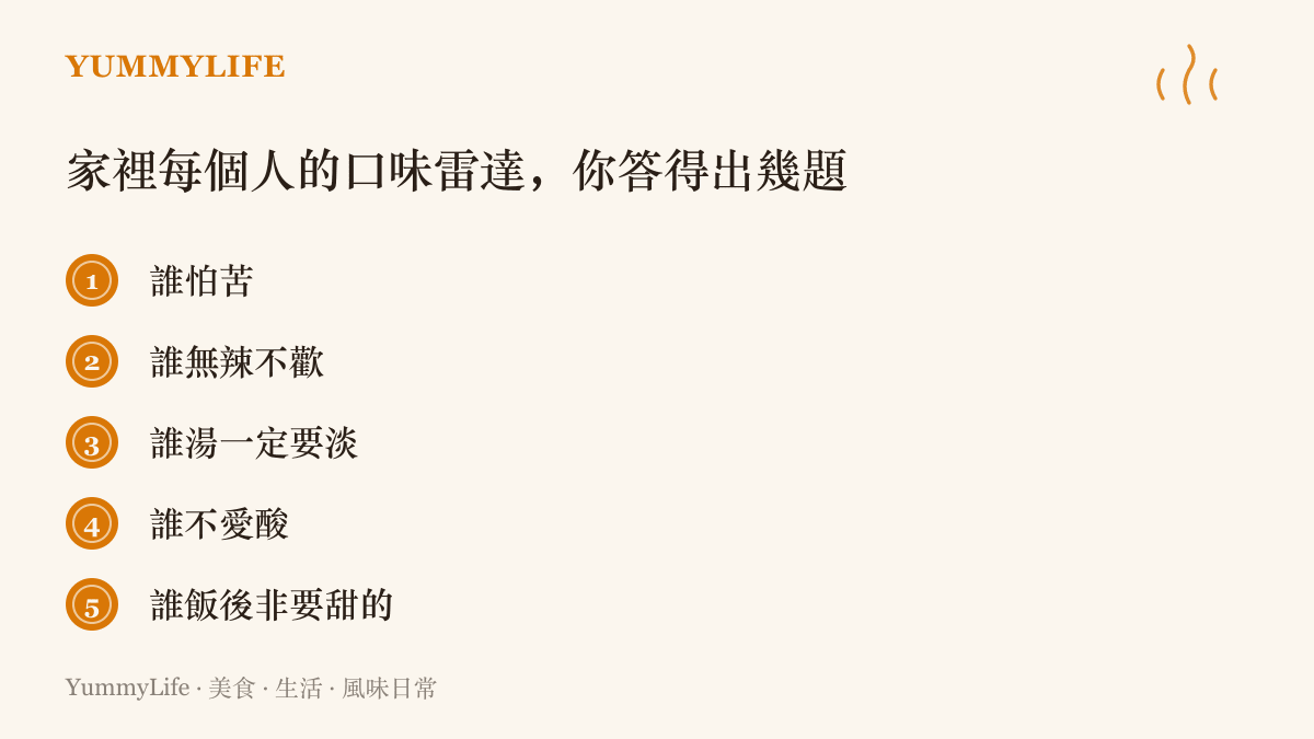 清單圖卡列出五個關於家人味覺偏好的問題：誰怕苦、誰無辣不歡、誰湯一定要淡、誰不愛酸、誰飯後非要甜食