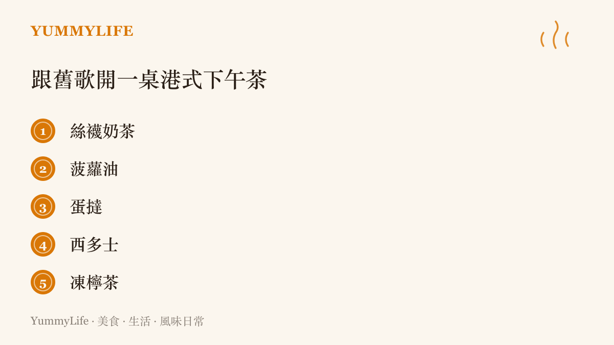 清單圖卡列出配舊歌的港式茶餐廳經典五品：絲襪奶茶、菠蘿油、蛋撻、西多士與凍檸茶