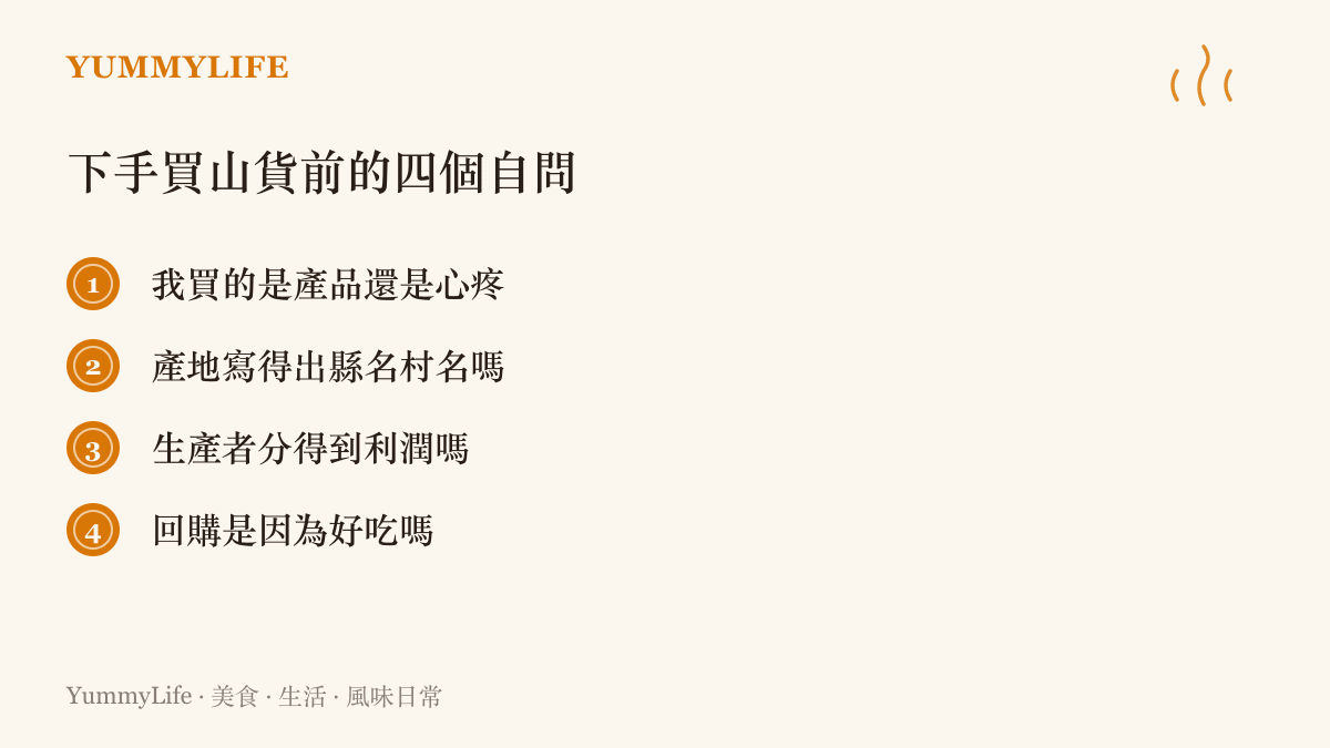 圖卡列出購買偏鄉直播商品前可以自問的四個問題：買的是產品還是同情、產地是否具體、生產者是否分得利潤、回購動機是否來自味道本身