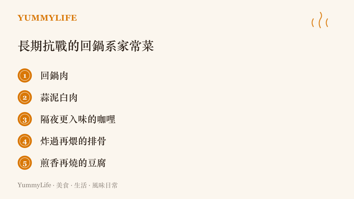 清單圖卡列出五道適合趕長路日子回鍋再製的家常菜：回鍋肉、蒜泥白肉、隔夜更入味的咖哩、炸過再煨的排骨與煎香再燒的豆腐