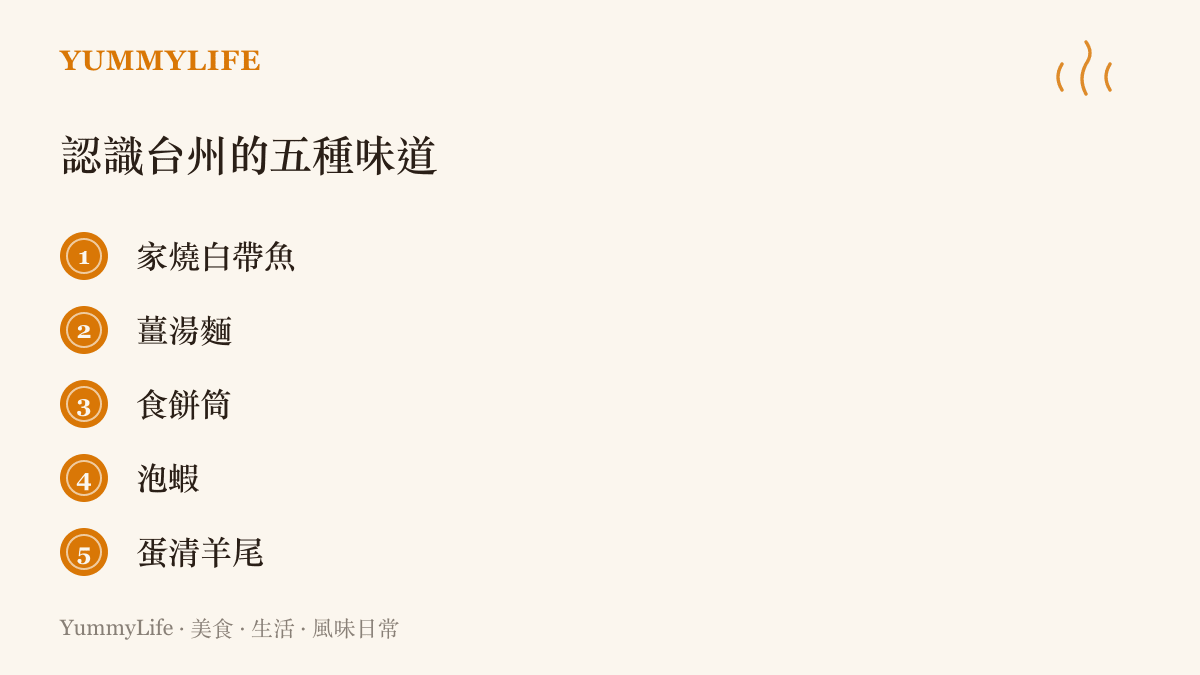 清單圖卡列出家燒白帶魚、薑湯麵、食餅筒、泡蝦與蛋清羊尾五種到臺州值得認識的代表性味道