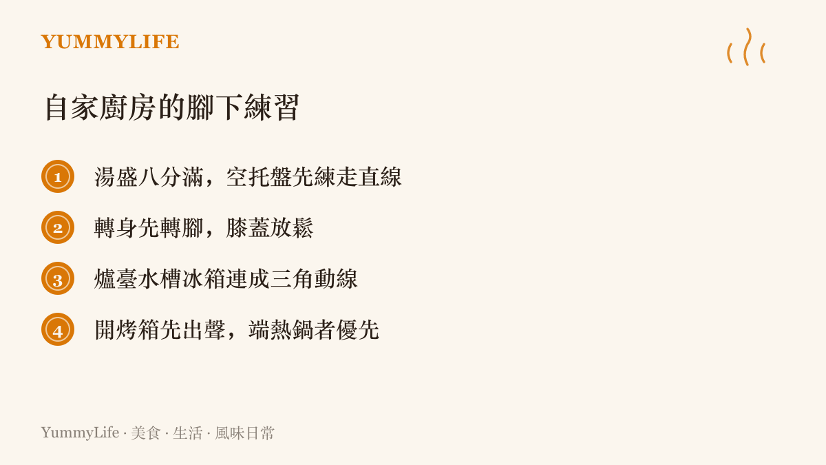 清單整理四項在家就能練的端盤與廚房動線要領，包含八分滿的湯、轉腳轉身、三角動線與兩人讓路的規則