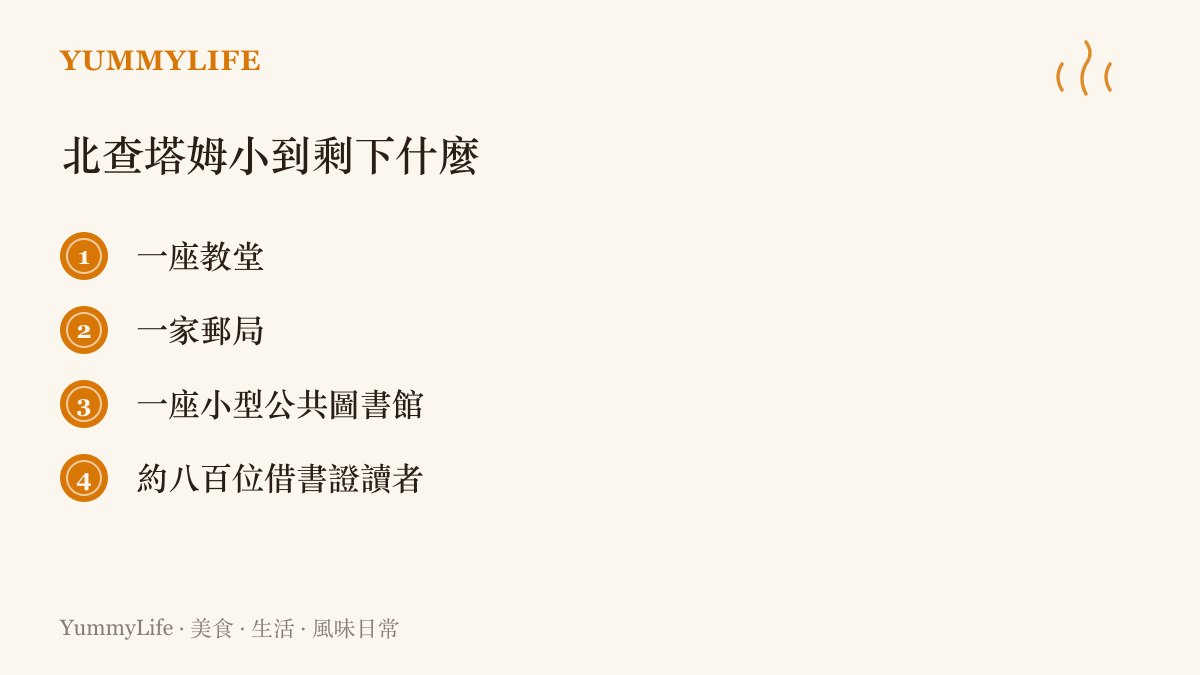 清單列出一座美國小鎮的全貌：一座教堂、一家郵局、一座小型公共圖書館，以及約八百位辦了借書證的讀者