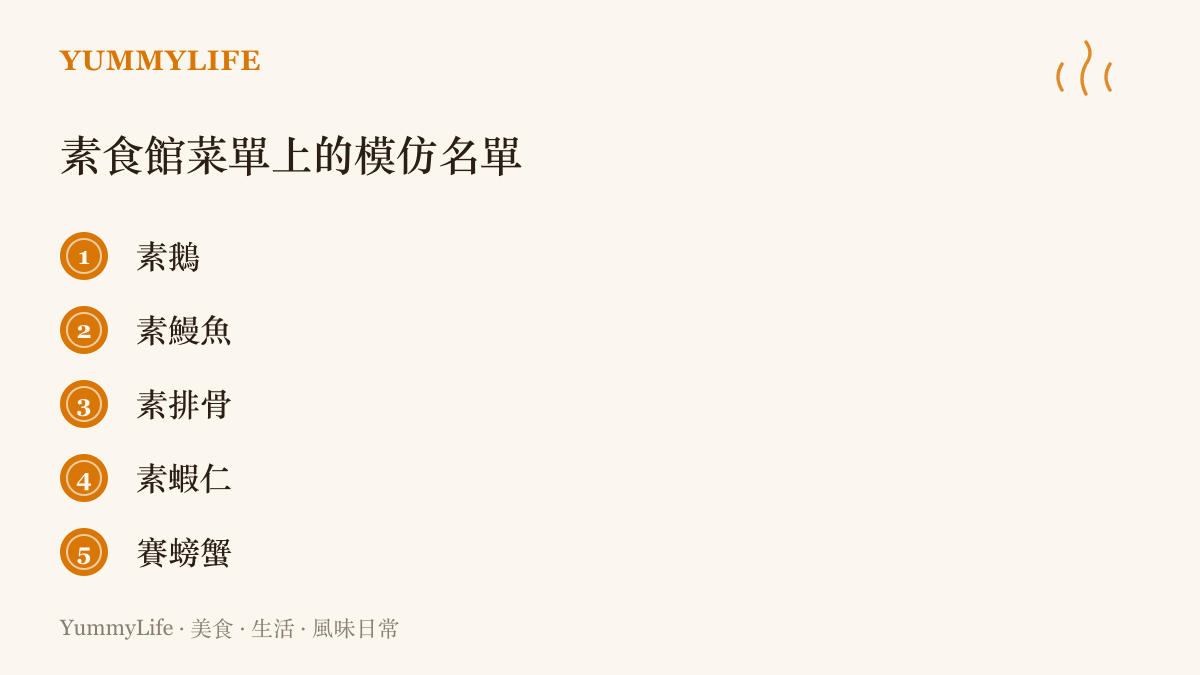 清單圖卡列出素食館菜單上常見的五道仿葷菜：素鵝、素鰻魚、素排骨、素蝦仁與賽螃蟹