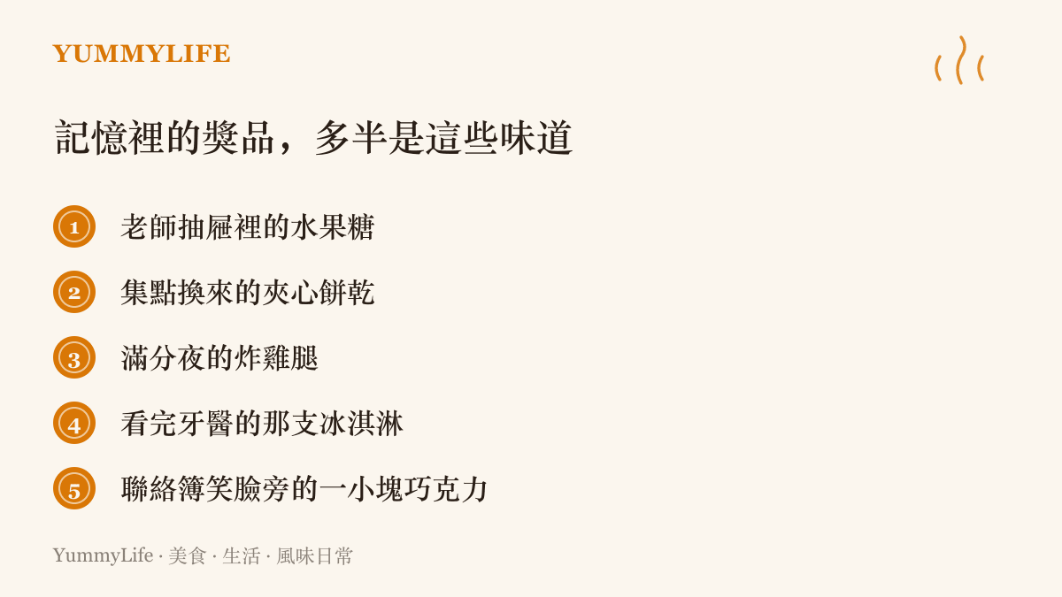 清單圖卡列出童年常見的獎勵食物，包括老師抽屜裡的水果糖、集點換來的夾心餅乾、滿分夜的炸雞腿、看完牙醫的冰淇淋與聯絡簿旁的巧克力