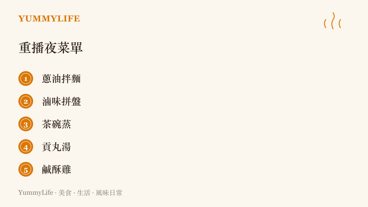 圖卡建議五道適合配重播劇喫的菜色：蔥油拌麵、滷味拼盤、茶碗蒸、貢丸湯與鹹酥雞，皆以單手可食和耐放為挑選原則