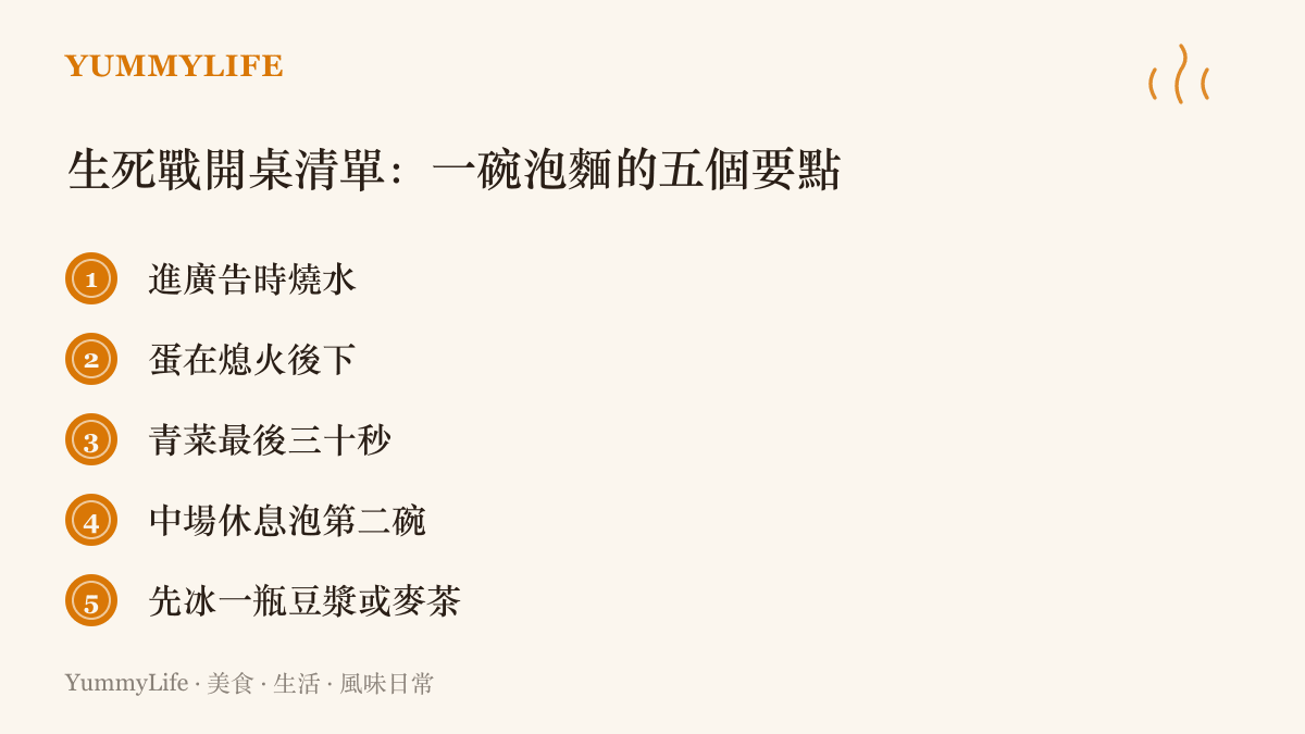 清單圖卡列出看電競生死戰當晚的泡麵開桌要點，包含廣告時間燒水、熄火後下蛋、青菜最後下、中場休息再泡一碗，以及預先冰好豆漿或麥茶
