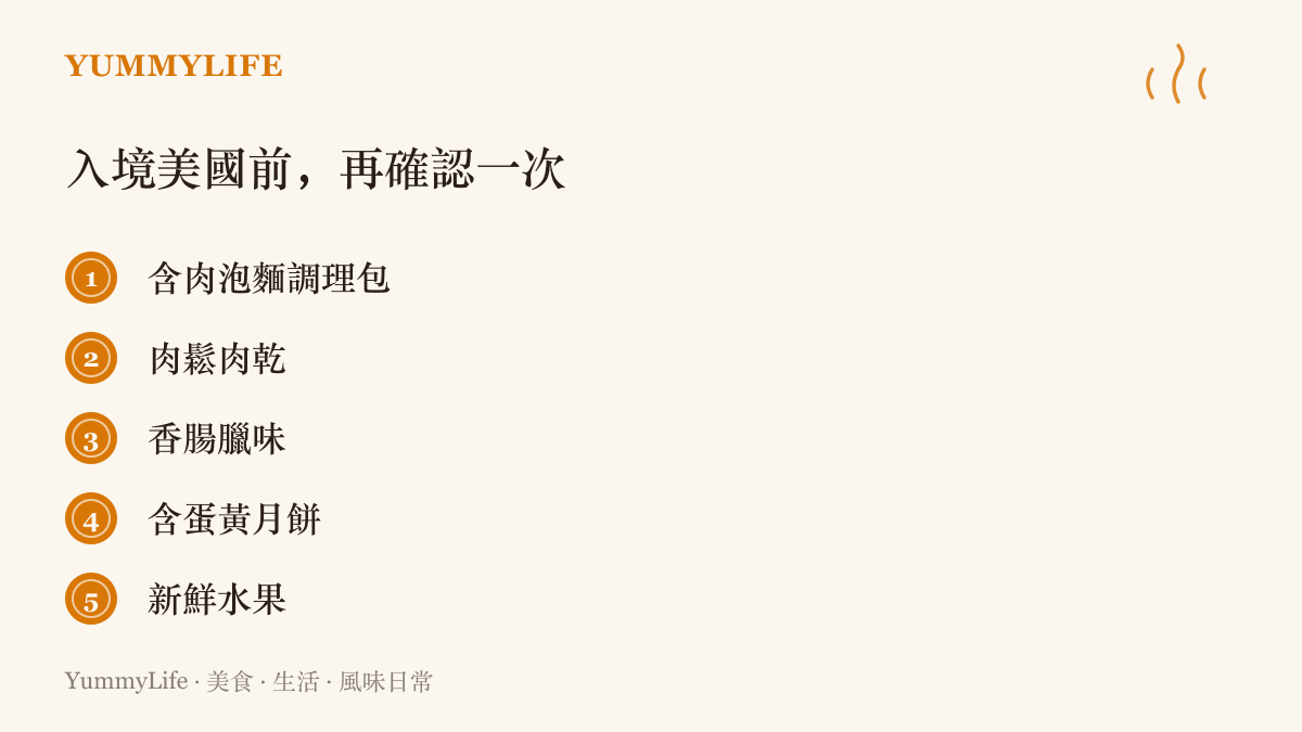清單圖列出入境美國前需再確認的五類食品：含肉泡麵調理包、肉鬆肉乾、香腸臘味、含蛋黃月餅與新鮮水果