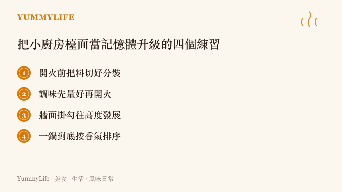 清單圖列出加大廚房檯面運用效率的四個練習，包括備料分裝、調味前置、牆面收納與一鍋到底的料理順序