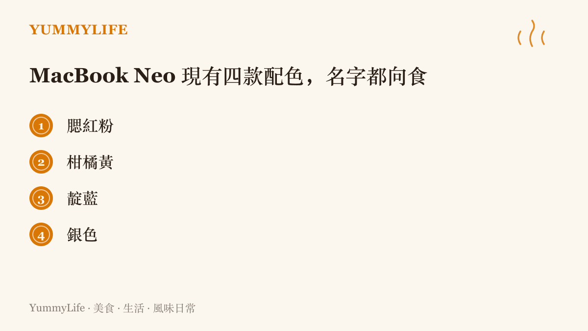 清單圖列出 MacBook Neo 現有的腮紅粉、柑橘黃、靛藍與銀色四款配色，這些色名分別對應蘋果紅暈、當季柳丁、蝶豆花與白鐵便當盒的色澤