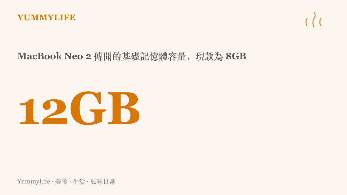 統計圖卡呈現 MacBook Neo 2 傳聞將基礎記憶體從現款 8GB 提升至 12GB，象徵多工與輕創作的體驗更有餘裕