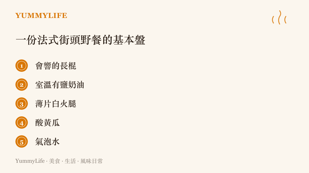 圖卡列出自組法式街頭野餐的五樣品項，包括會響的長棍麵包、放到室溫的有鹽奶油、薄片白火腿、酸黃瓜與氣泡水