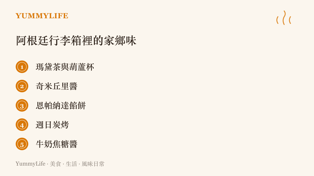 圖中列出阿根廷球員行李箱裡常見的五種家鄉味道，包括瑪黛茶與葫蘆杯、奇米丘裏醬、恩帕納達餡餅、週日炭烤與牛奶焦糖醬