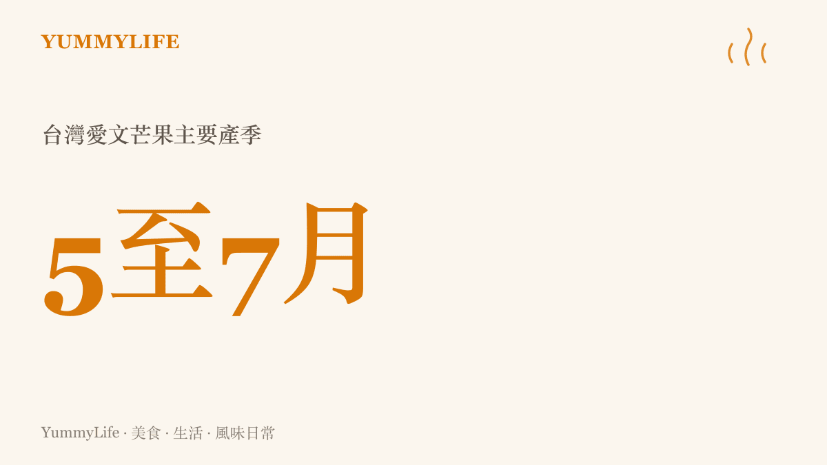 統計圖卡呈現臺灣愛文芒果的主要產季落在五月至七月，由屏東先開跑、臺南玉井接力的盛產時節