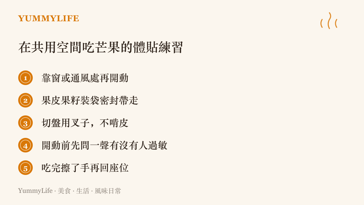 清單圖卡列出在辦公室或宿舍等共用空間喫芒果的五個體貼做法，包括選通風位置、密封果皮與事先詢問過敏