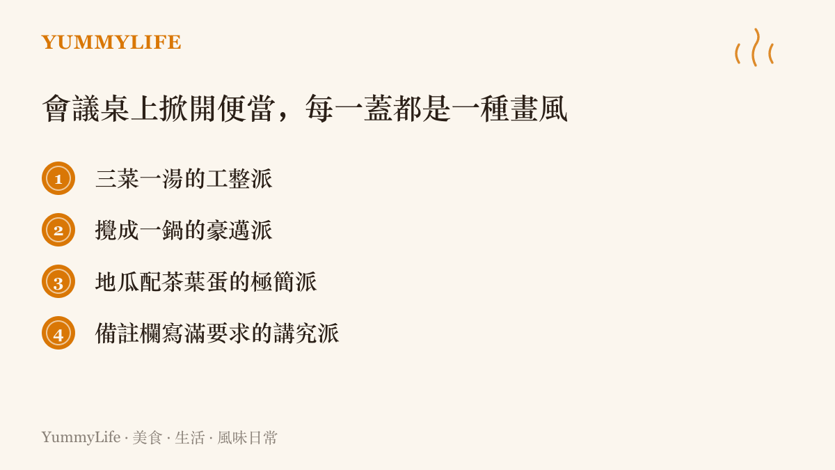 會議桌上常見的四種便當風格，包括三菜一湯的工整派、攪成一鍋的豪邁派、只帶地瓜與茶葉蛋的極簡派，以及備註欄寫滿要求的講究派
