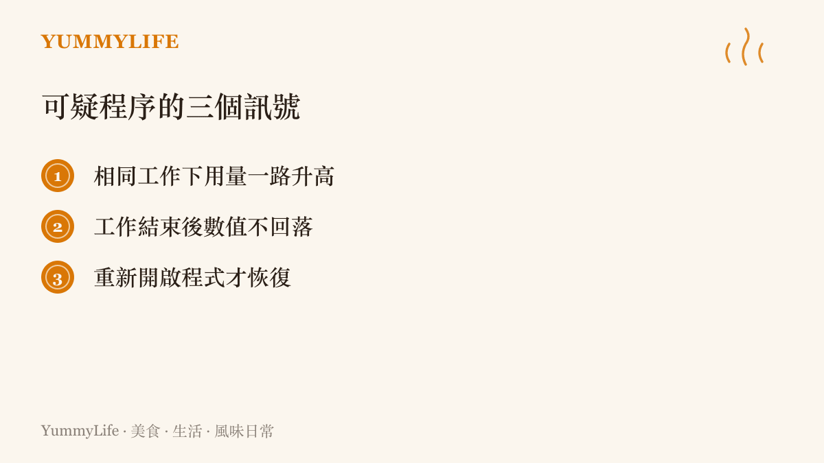 清單列出判斷記憶體洩漏的三個訊號：相同工作下用量一路升高、工作結束後數值不回落、重新開啟程式才恢復正常